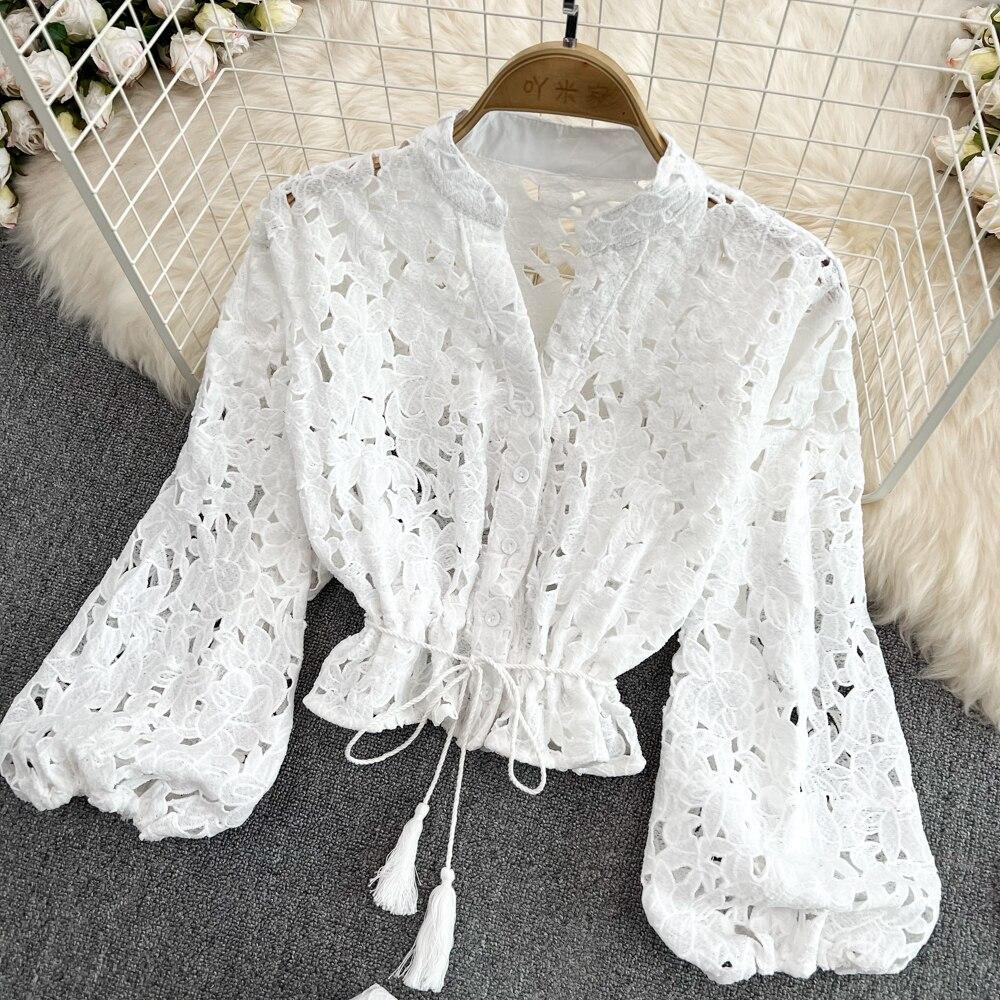 Retro Temperament V-neck Hollow Embroidered Lantern Sleeve Short Shirt Women's Two-piece Hit High Waist Slim A-line Skirt