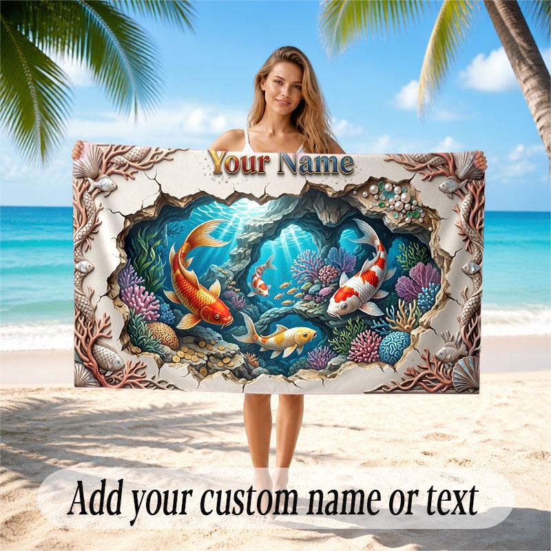 Fish Ocean Theme Beach Towel Personalized Custom Name & Text Soft Quick Dry Beach Towel for Swimming Travel
