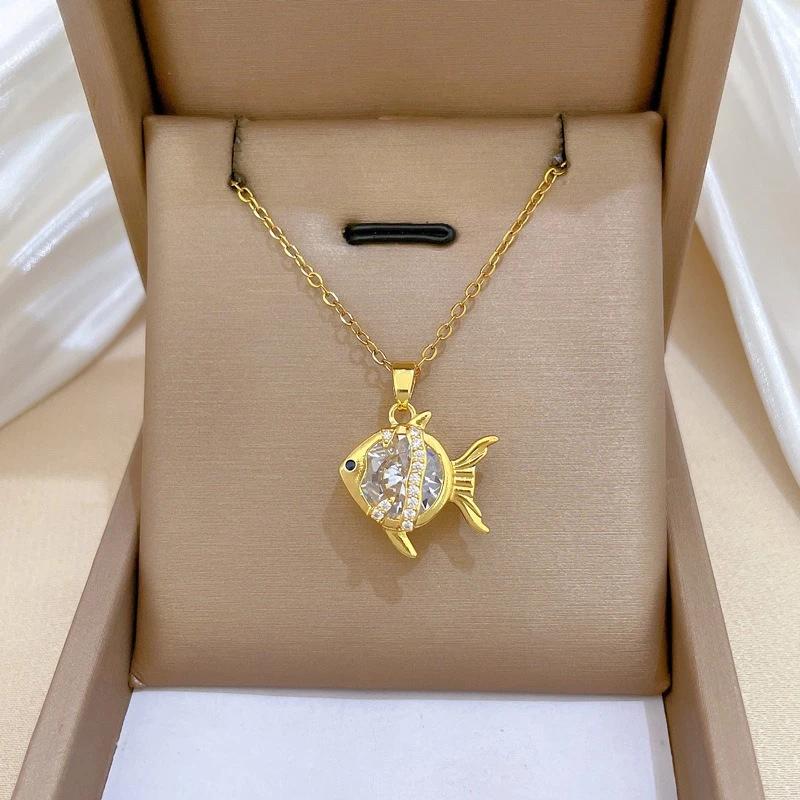 

Zircon Little Goldfish Necklace Light Luxury Elegant Full Diamond Necklace Versatile Women Collarbone Chain Jewelry Accessories