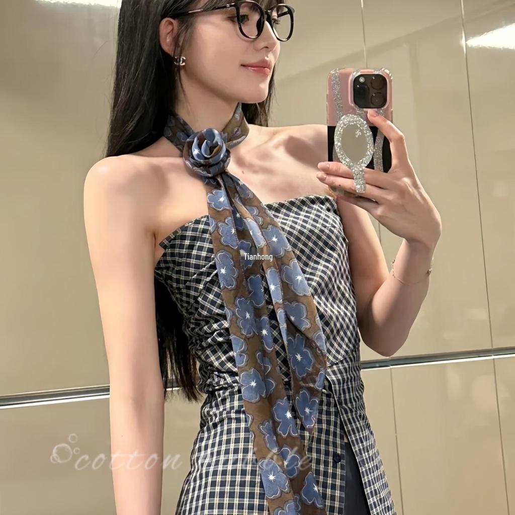 Korean Blue-Brown Floral Silk Tie-Neck Scarf