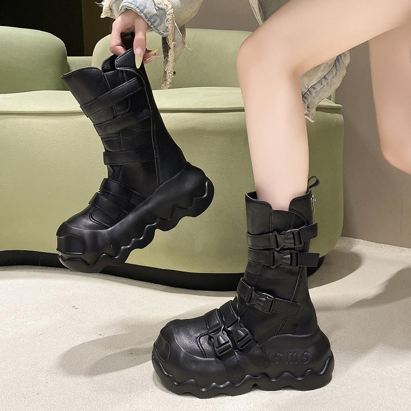 Fashion 8CM Leather Spring Platform Buckle Wedge Flats Women 2025 Autumn British Motorcycle Fashion ZIP Ankle Boots White Ladies Shoes