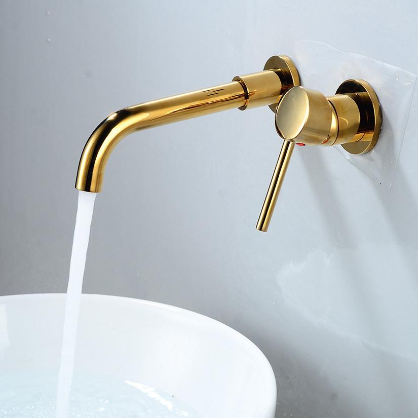 Rubinetto da Cucina a Parete Rubinetto per Lavabo da Bagno Ottone Massiccio Oro Spazzolato Miscelatore Acqua Calda Fredda Rubinetto con Beccuccio Girevole per Lavabo