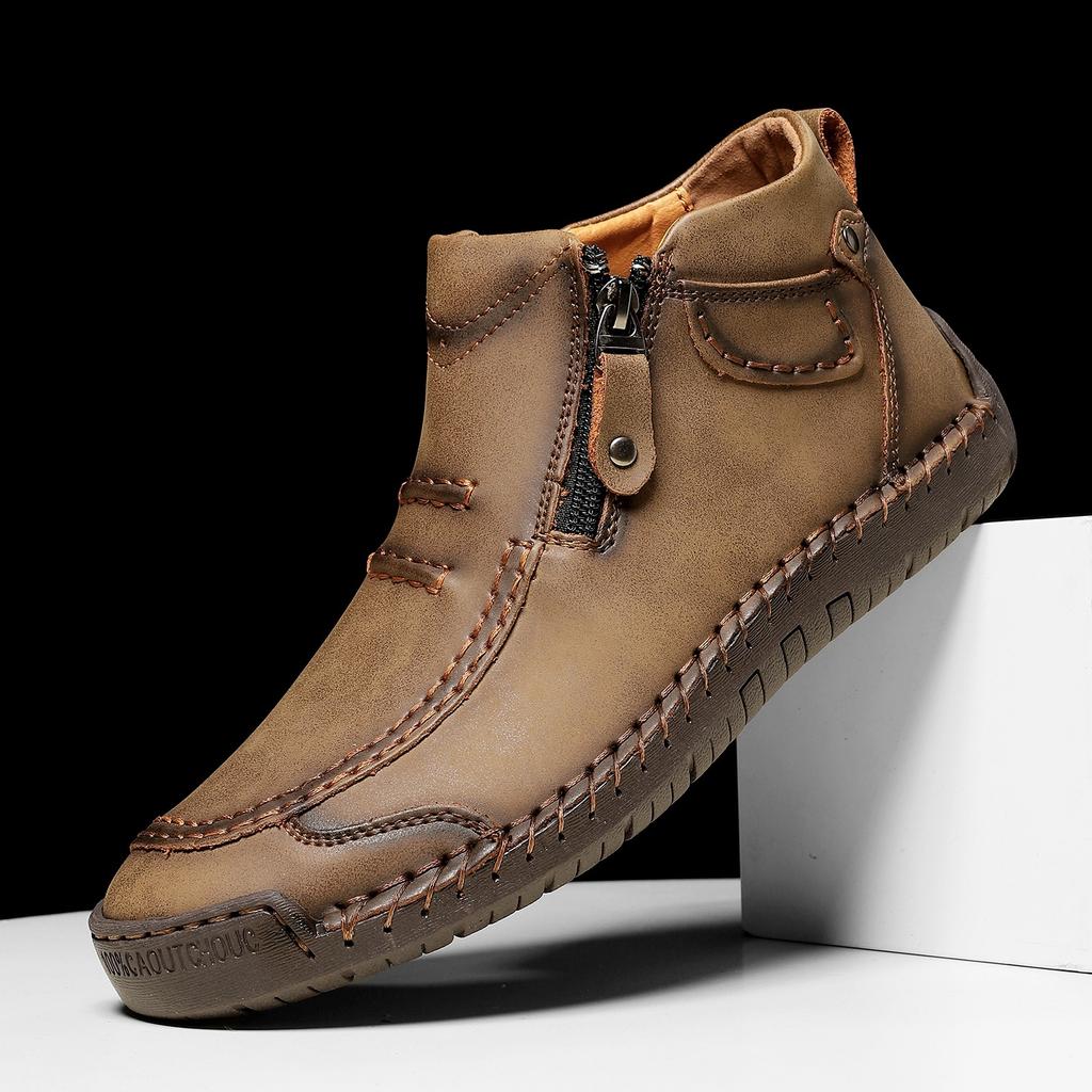 Men's Plus Size Zipper Martin Ankle Boots - Outdoor Casual Flat Sole Hand-Stitched Short Boots