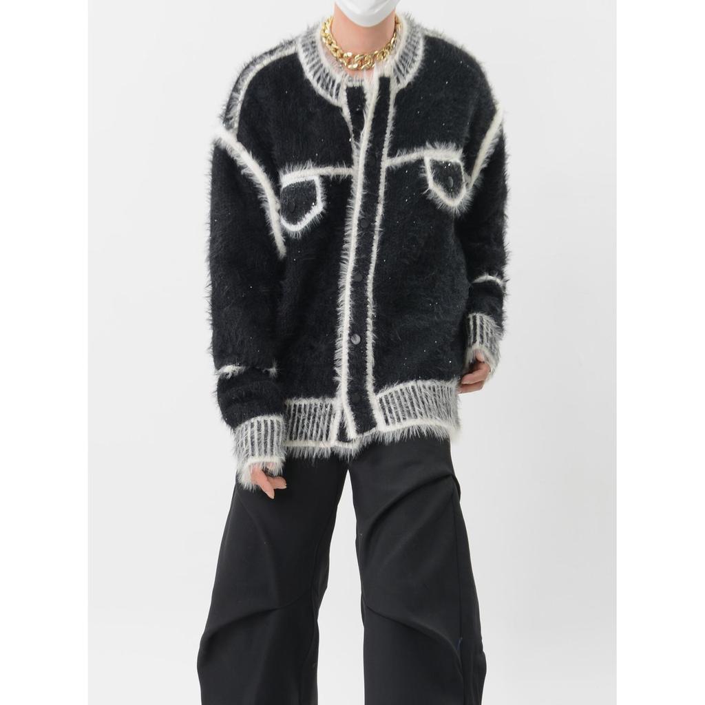 Unisex Color Block Knit Cardigan Jacket - Heavyweight Plush, Autumn/Winter Trendy Loose Fit