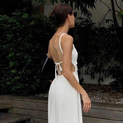 Vestido Midi de Espalda Descubierta para Mujer con Calados de Verano, Vendaje Sexy para Playa, Tirantes Finos, Vestidos Casuales