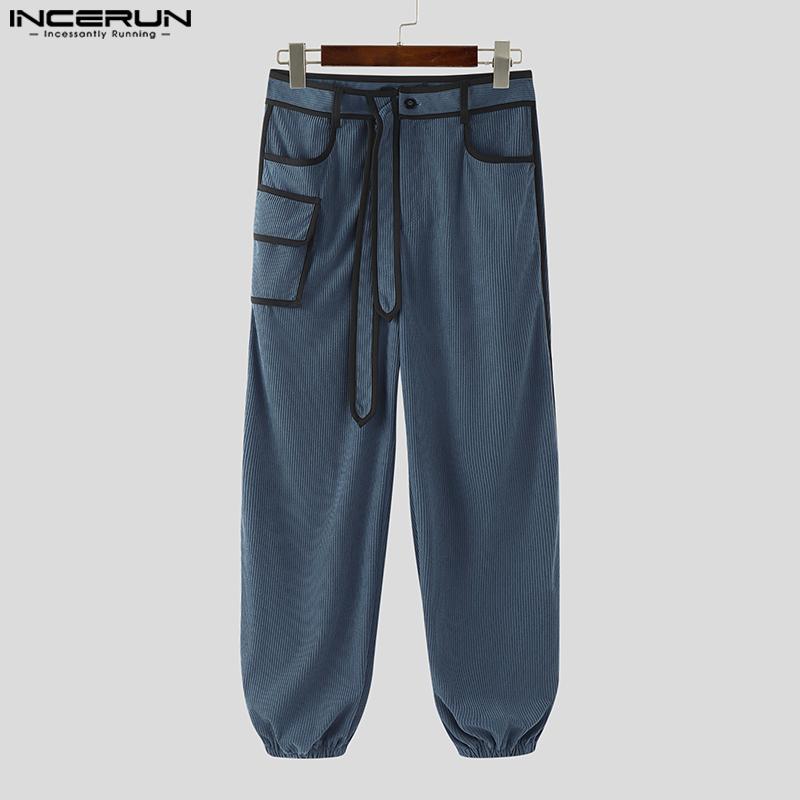 INCERUN Men Zip-up Waist Stitching Belt Corduroy Casual Long Harem Pants Trousers 