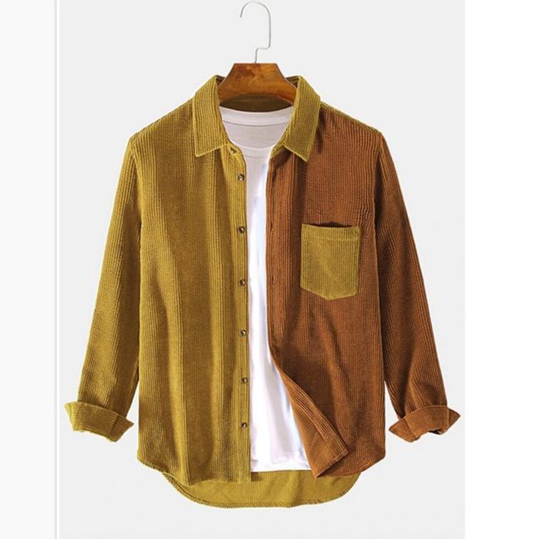 Men's Spring and Autumn Long-sleeved Color Collision Lapel Corduroy Shirt Youth Fresh Casual Comfortable Tops