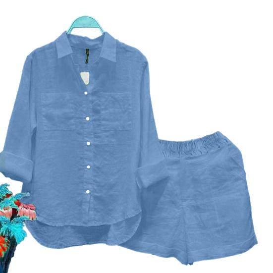 2 Pcs/Set Women Shirt Shorts Set Solid Color Loose Long Sleeves Elastic Waist Single-breasted Patch Pockets Irregular Hem Lapel Casual