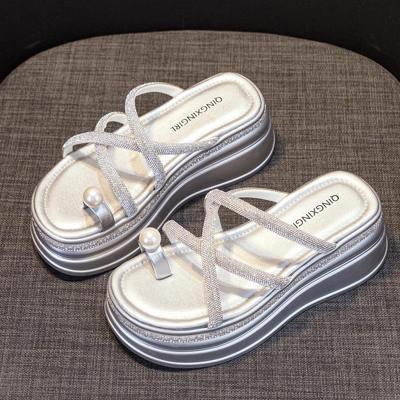 Fashion 7.5CM Synthetic Rhinestone Slippers Luxury Sandals Elegance Leisure Fashion New Summer Women Bling Platform Wedge Flats Shoes