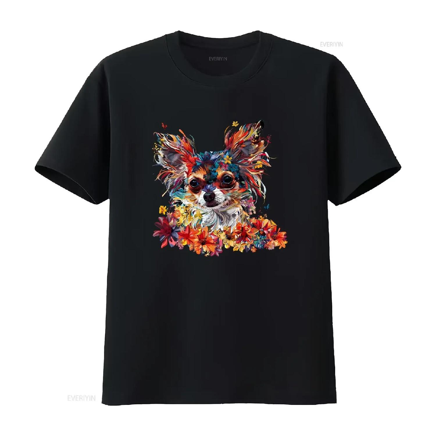 

Floral Long Hair Chihuahua T Shirt Dog Mom Lover Owner vintage Washed Breathable Versatile Top For Everyday Wear graphic XXXXXL