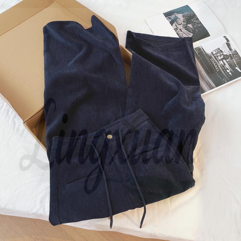 Korean Style Women s High Waist Dark Blue Wide-Leg Pants Small