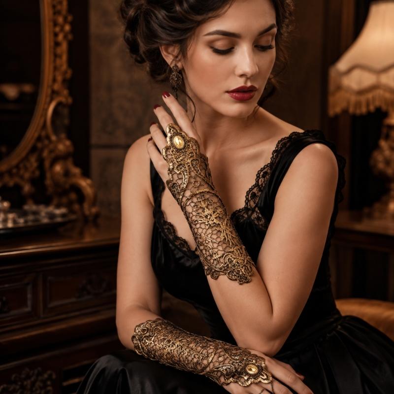 Retro-Inspired Gold Lace Gloves with Fingerless Form, Round Hand Accent, and Extended Cuffs for Evening Event