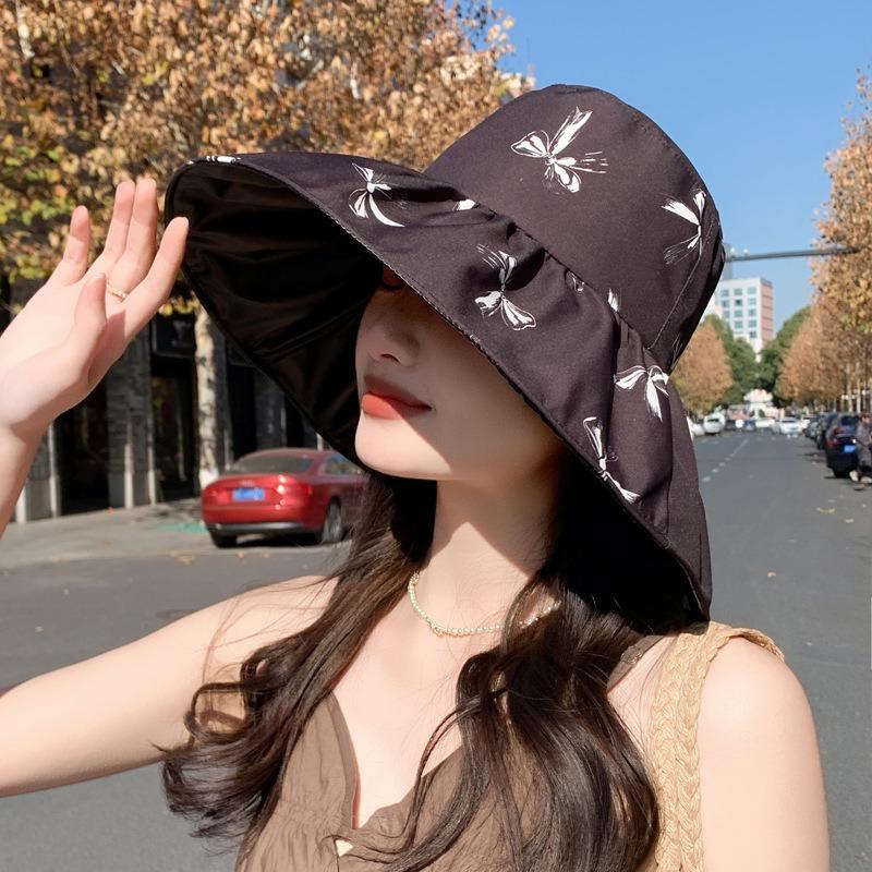 New big edge bucket hat women's summer sunscreen sun hat color glue face cover beach hat foldable bow