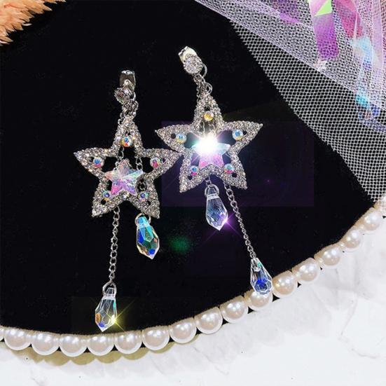 Shiny Rhinestone Hollow Star Tassel Dangle Stud Earrings Women Jewelry