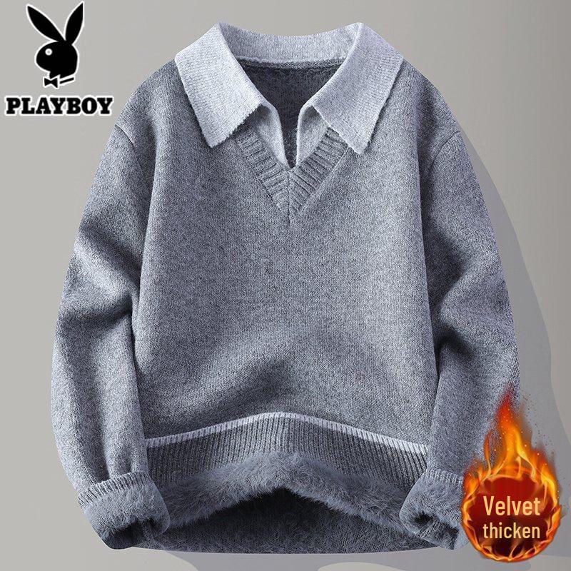 PLAYBOY Men s Fleece Lined Mock Layer Shirt Collar Sweater L