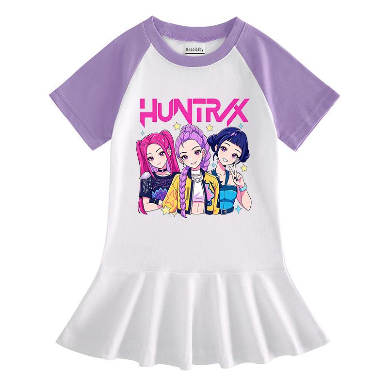Girls' Cartoon Color Block Raglan Dress with Pleated Ruffle Skirt