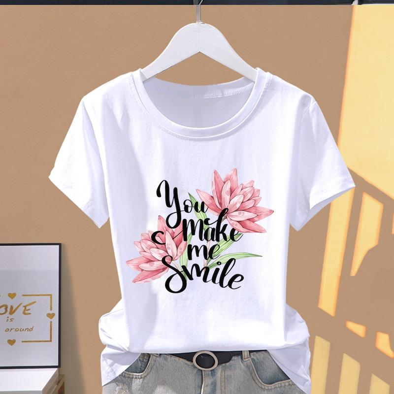 (Asian Size) lovely flower trend cute Casual T Short Sleeve T-shirts Women's Top Print O-neck Fashion Female Clothing Graphic Tee