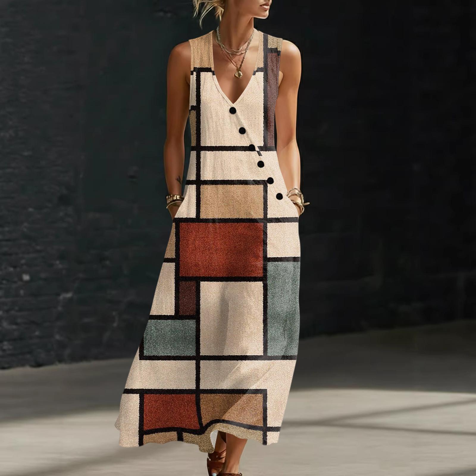 

Summer Dresses For Women Flowy Casual Midi Dress Beach Vacation Sundresses With Pockets L бежевый