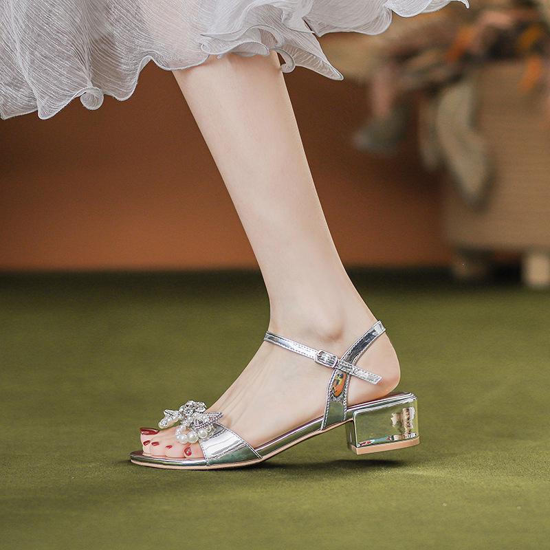 2024 Silver Glitter Chunky Heel Sandals with Bow and Pearl Strap - Women's High-End Rhinestone Shoes