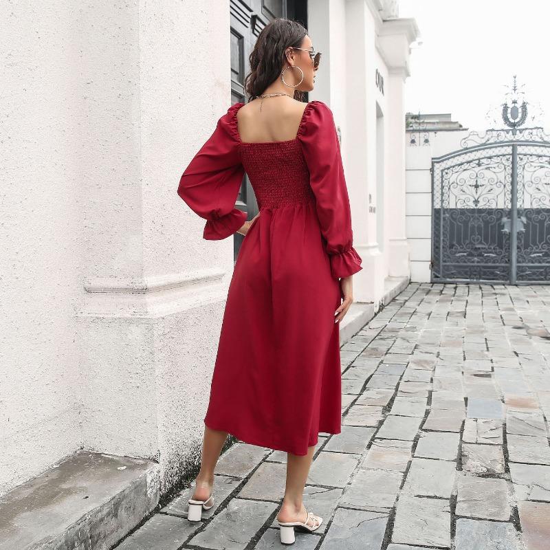 Women's Spring Summer Midi Dress, Flared Sleeves, A-Line, Square Collar, High Waist, Solid Color, S-XL