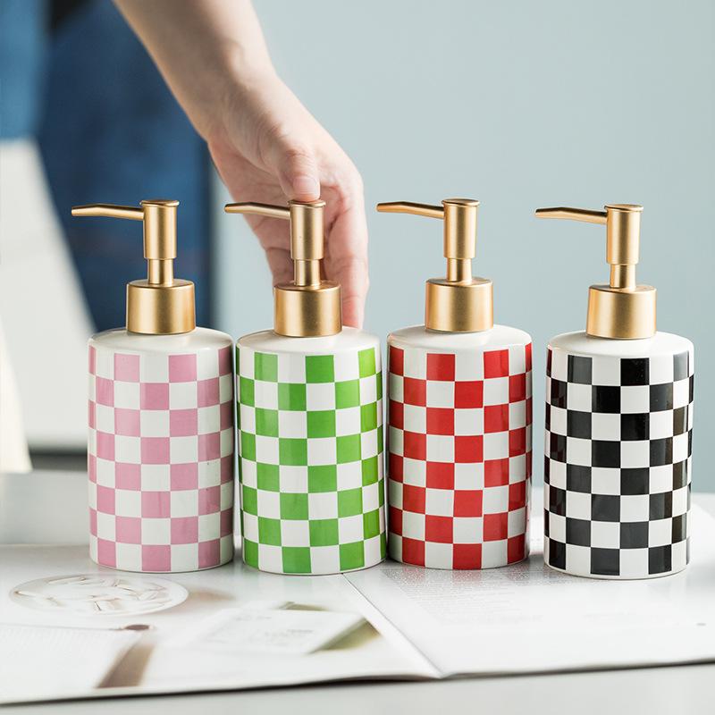 Ceramic Checkerboard Lotion Bottle Hand Sanitizer Bath Gel Separate Bottle Household Lotion Press Bottle Soap Dispenser