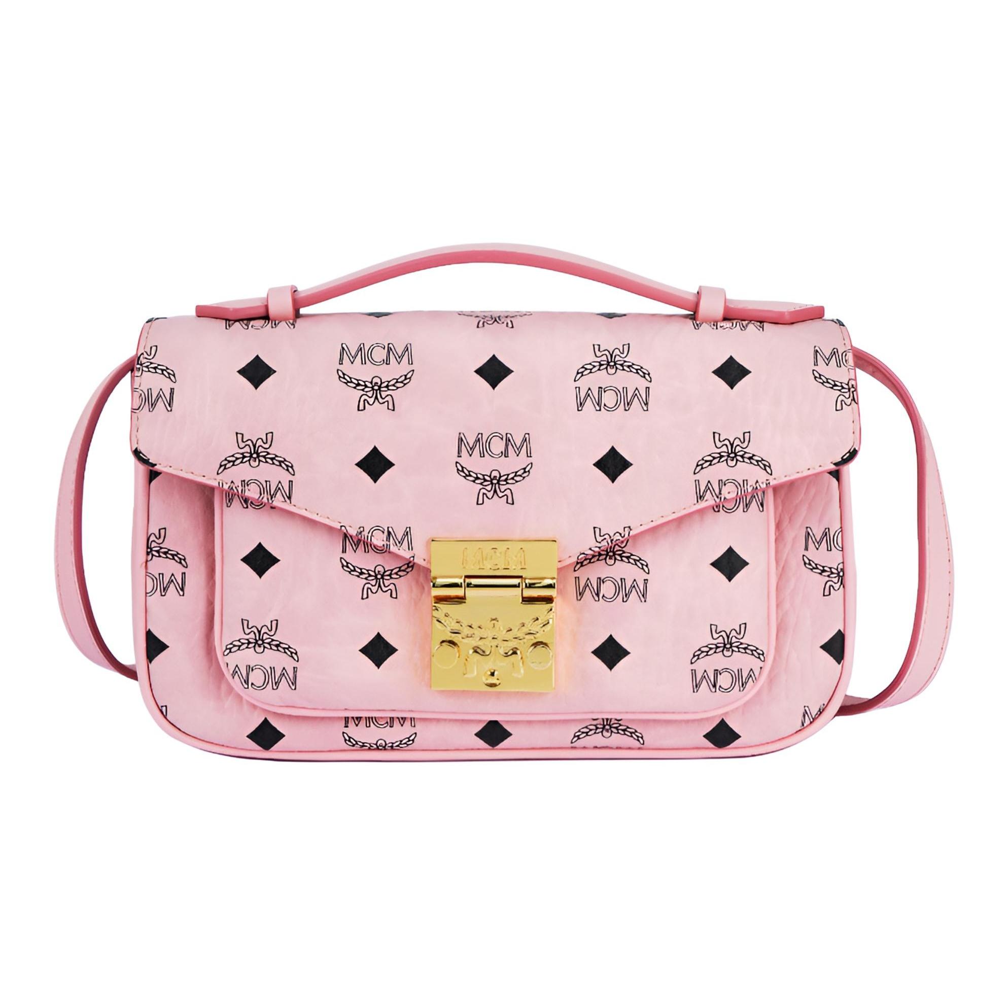 

MCM Pink Visetos Leather Flap Top Handle Satchel Crossbody Bag with Gold Hardware for Daily Use Basic Set (Bag+Dust Bag)