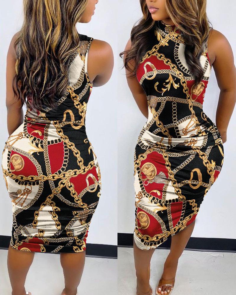 Spring and Summer New Sleeveless Printed Dress European and American Slim-fitting Pullover Round Neck Medium and Long Dress Women's Clothing