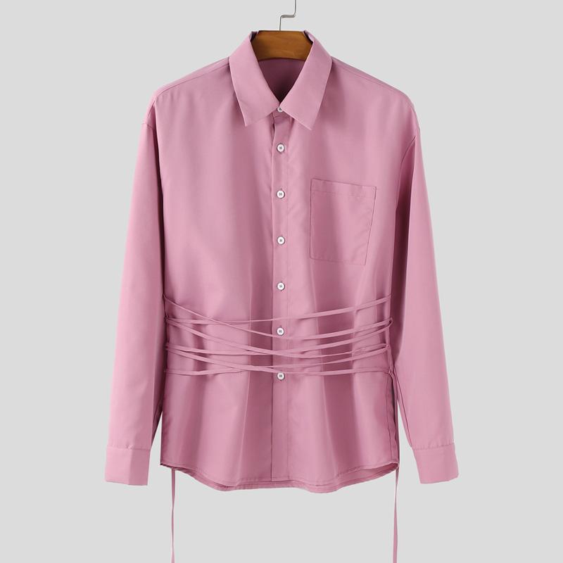 

INCERUN Мужские рубашки с длинным рукавом, шнуровкой спереди, оверсайз, кэжуал, топы 5XL розовый