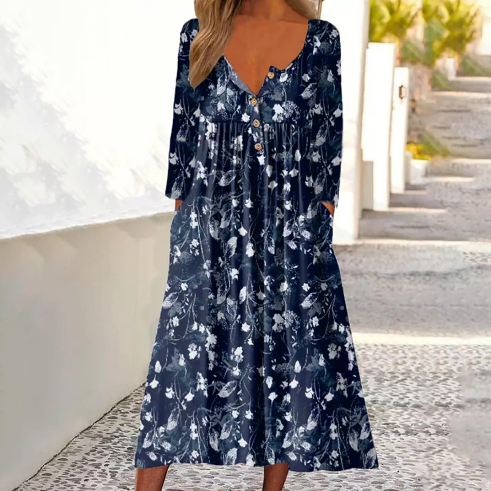 Женское повседневное длинное платье в полоску с круглым вырезом и пуговицами с карманами — фото 7