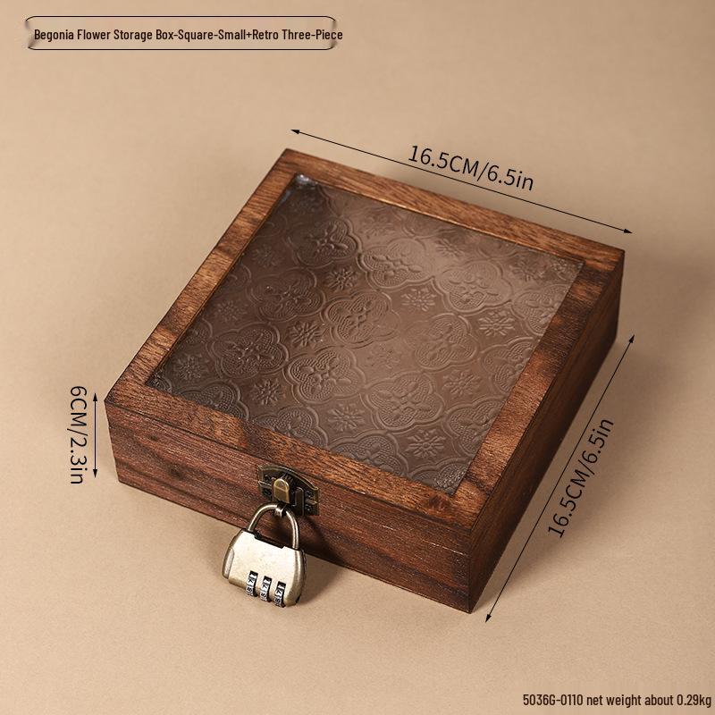 Retro Begonia Glass Lid Wooden Storage Box for Cosmetics, Snacks, Candy, and Documents - Dustproof and Multifunctional