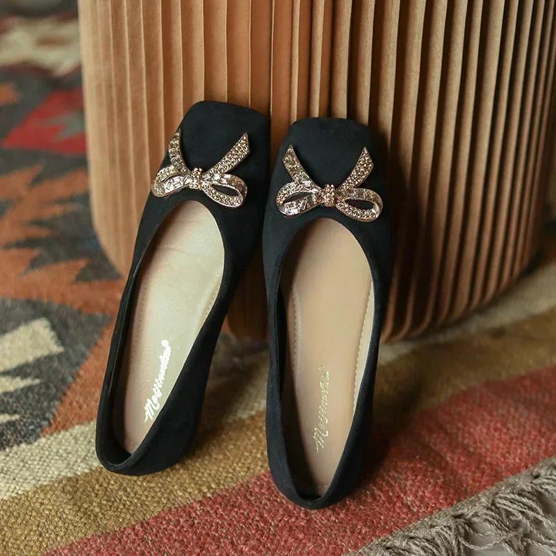 Fashion Women Flat Elegant Bling Crystal Bow Fashion Women Flat Ballet Shoes Tie Square Toe Flats Shoes Lady Flat Footware 2025