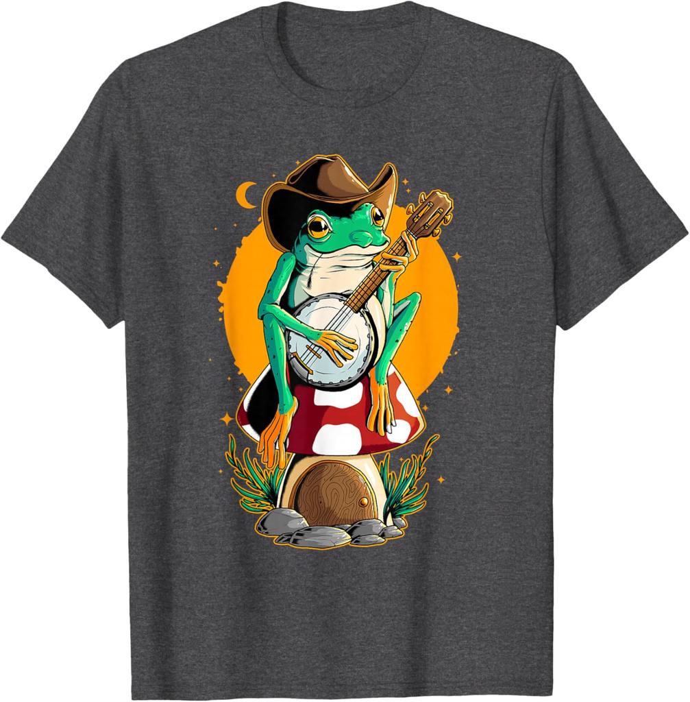 Cowboy Frog Playing Banjo Mushroom House Graphic T-Shirt Retro Cottagecore Aesthetic Casual Cotton Tee