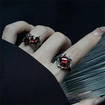 Neo-Goth Red Crystal Gemstone Ring Dark Cutout Vintage Geometric Shape Ring For Women Retro Party Jewelry Open Rings Gift