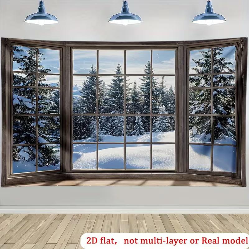 2D Serene Winter Window View Backdrop Snow Pine Tree Scene Decor 47.2x31.5inch/120*80cm