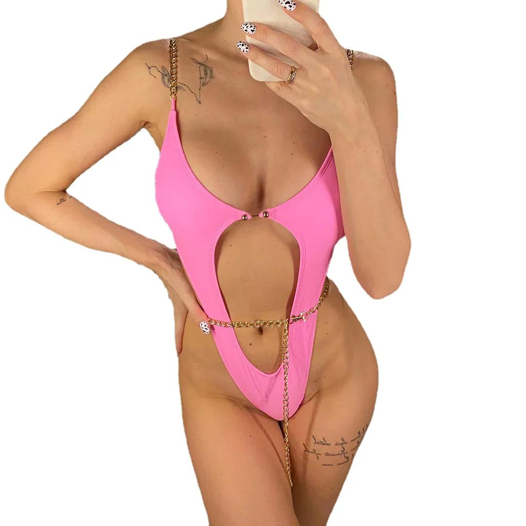 

Sexy Metal Chains String High Cut One Piece Swimsuit Women Swimwear Female Monokini Tummy Cut Out Bathing Suit Swim Beach Wear L