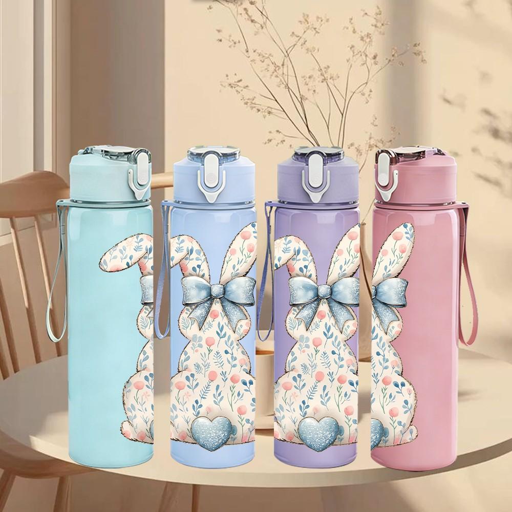 1PC Rabbit Bow Vintage Retro Pattern 750ml Color Plastic Sports Water Bottle Leakproof Flip Straw Lid Suitable for Sports Office Home Use