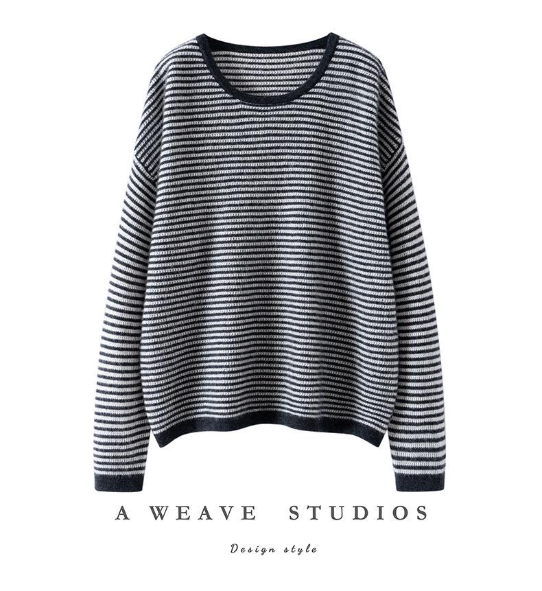 Women's Trendy Striped Cashmere Knit Pullover Sweater - Round Neck, Long Sleeve, Autumn/Winter Casual Wear