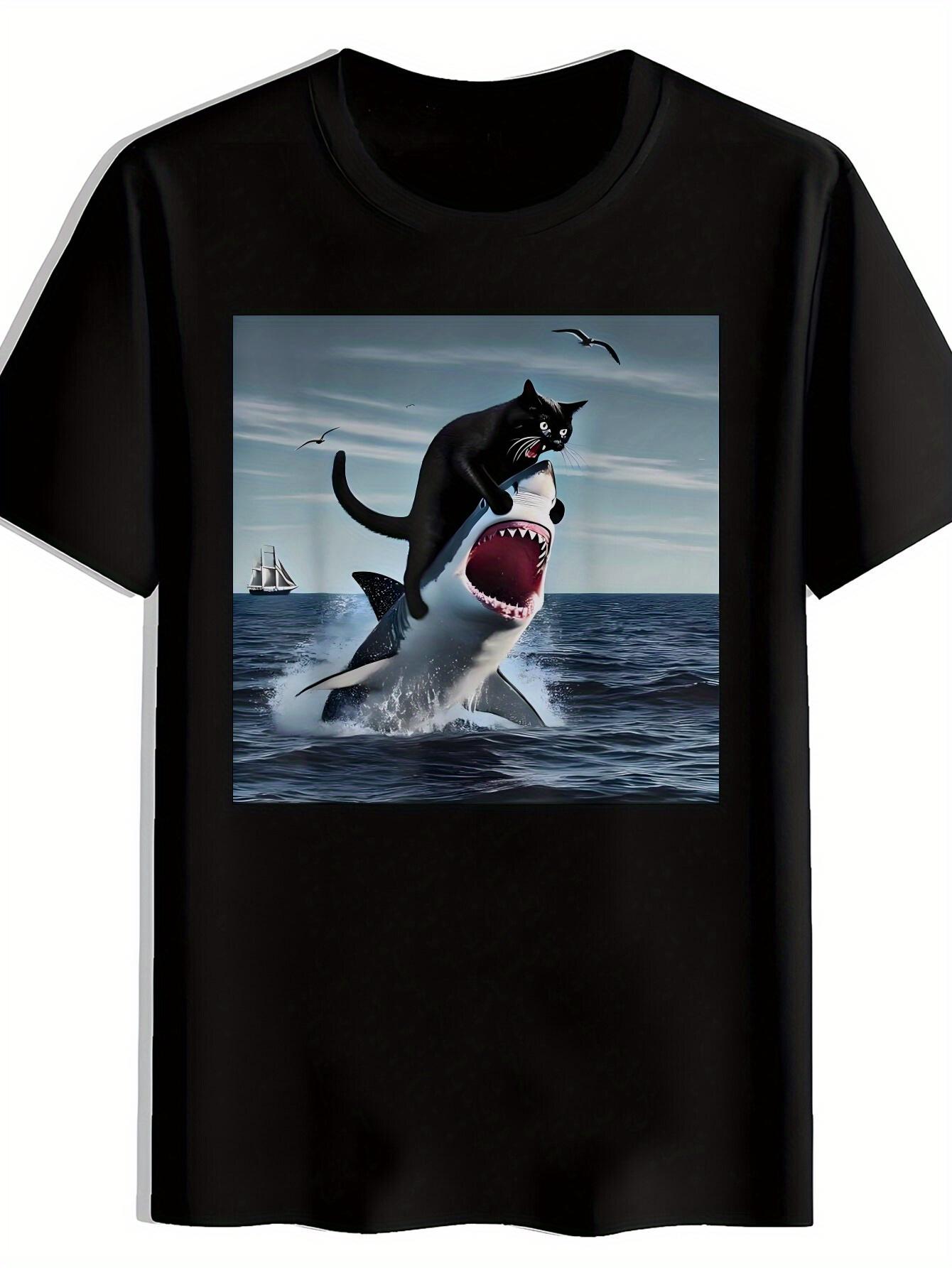 Casual Graphic T-shirt - Fun Shark & Cat Design XXL
