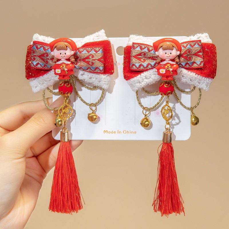 Chinese New Year Red Bow Tassel Hair Clips for Girls & Women - Cute Ancient Style Hair Accessories