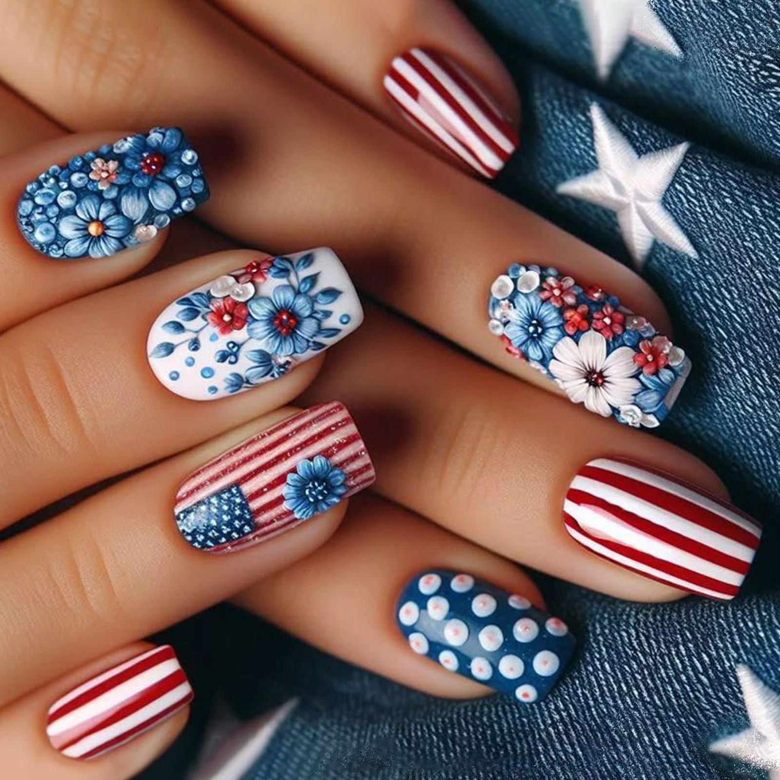 

24pcs July 4th Press On Nail Medium Square Design False Nail With Flower Designs Full Coverage Stick on Nail Manicure