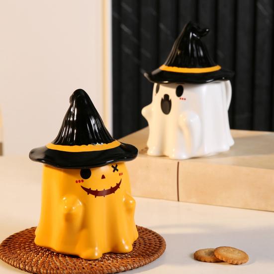 Ghost Pattern Ceramic Cup with Elf Hat Lid Halloween Theme Handmade Artwork Mug Daily Use Halloween Drinkware