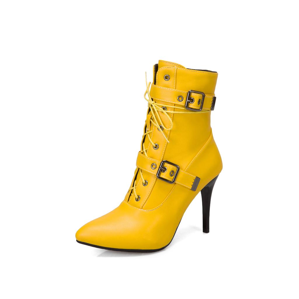 Short Boots High Heel Belt Buckle European and American Straps Large Size  Boots Thin Heel Pointed