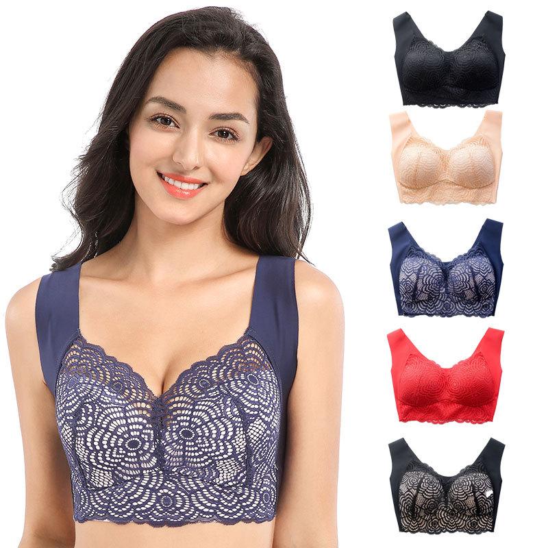 Sexy Large Size Underwear Female Sense of Lace Thin Section Without Steel Ring Undershirt Type Increased Sports Sleep Polymerization Bra