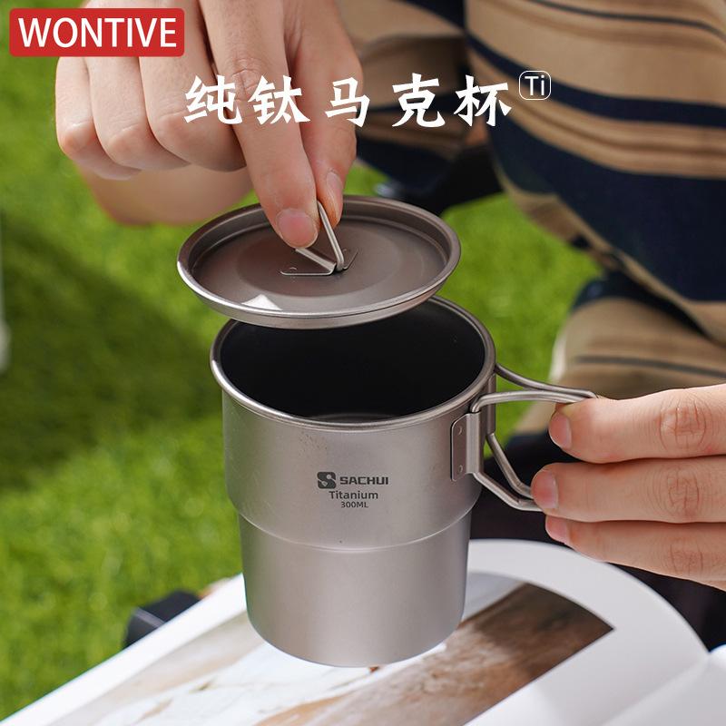 1pc Tiartsian Pure Titanium 300ml Coffee Cup Outdoor Camping Ultralight Portable Folding Handle Tea Water Mug Tableware