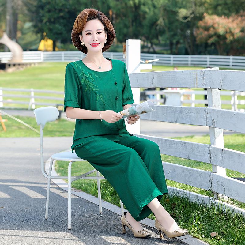 

Модная летняя хлопково-льняная футболка для мам 2024 года для женщин среднего возраста 1XL (80-100 kg) зелёный