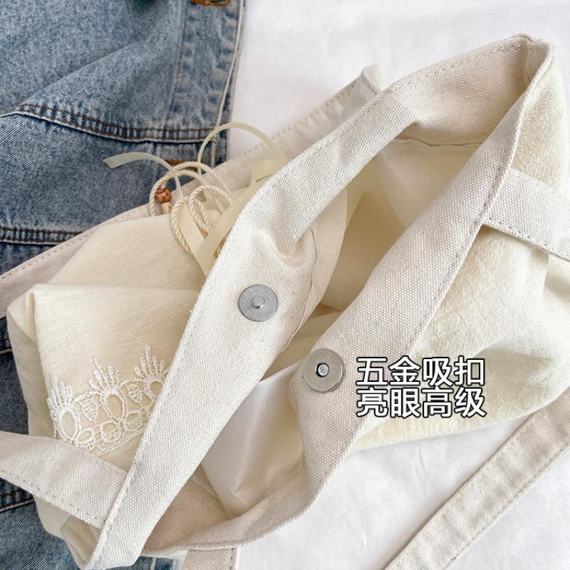 Simple Canvas Women's Beach Handbags Solid Color Lace Ladies Large Capacity Shoulder Bag Bow Tassel Female Travel Tote Bags
