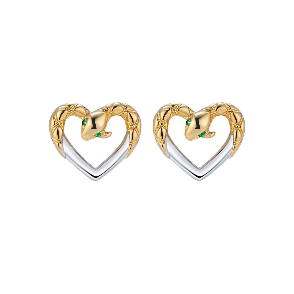 New 14K Gold-coated 925 Sterling Silver Earrings Wholesale Inlaid Zircon Heart-shaped Snake Stud Earrings Niche European and American Silver Jewelry