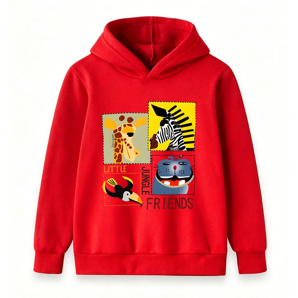 Kids Unisex Boys Girls Pullover Hoodie, Cute Little Jungle Friends Giraffe Zebra Hippo Toucan Graphic Casual Warm Hooded Sweatshirt for Daily Wear