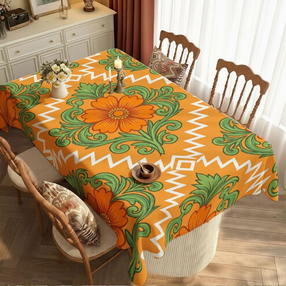 1pc 1pcs Vintage Orange & Green Tablecloth Suitable for Rectangular Tables, Orange-Green Floral Geometric Table Cover with Lining, Table Decor for Chr