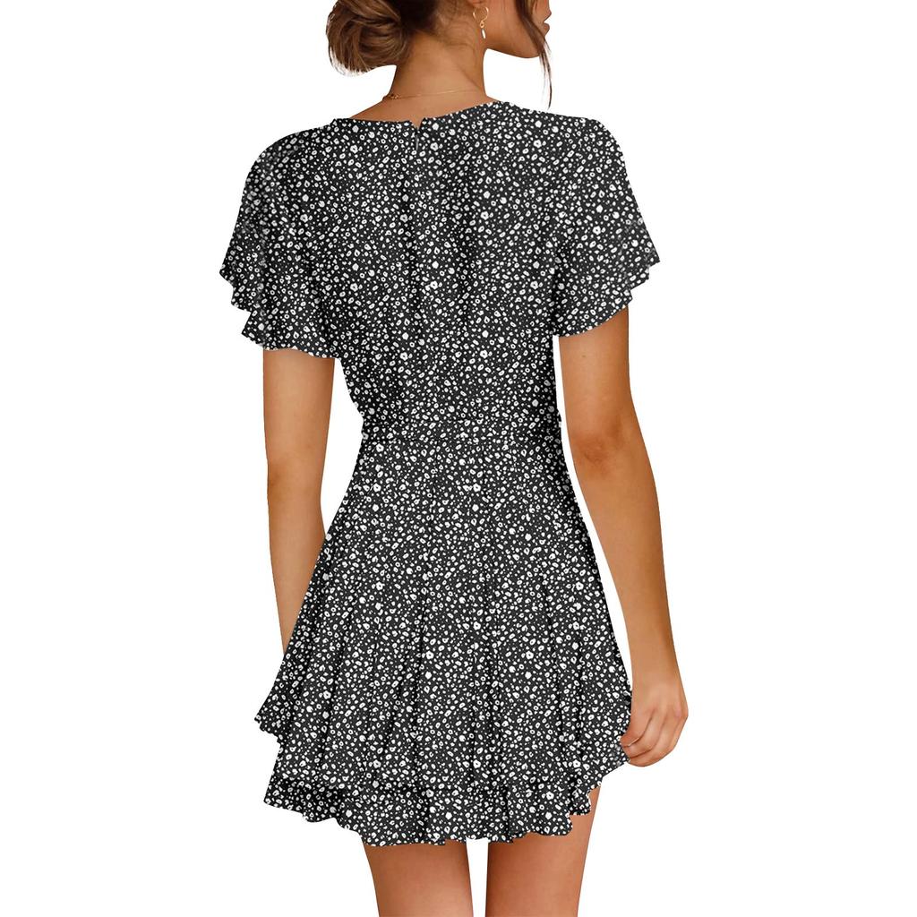 Abito da donna con volant in vita ampia stampato a maniche corte con scollo a V, casual alla moda